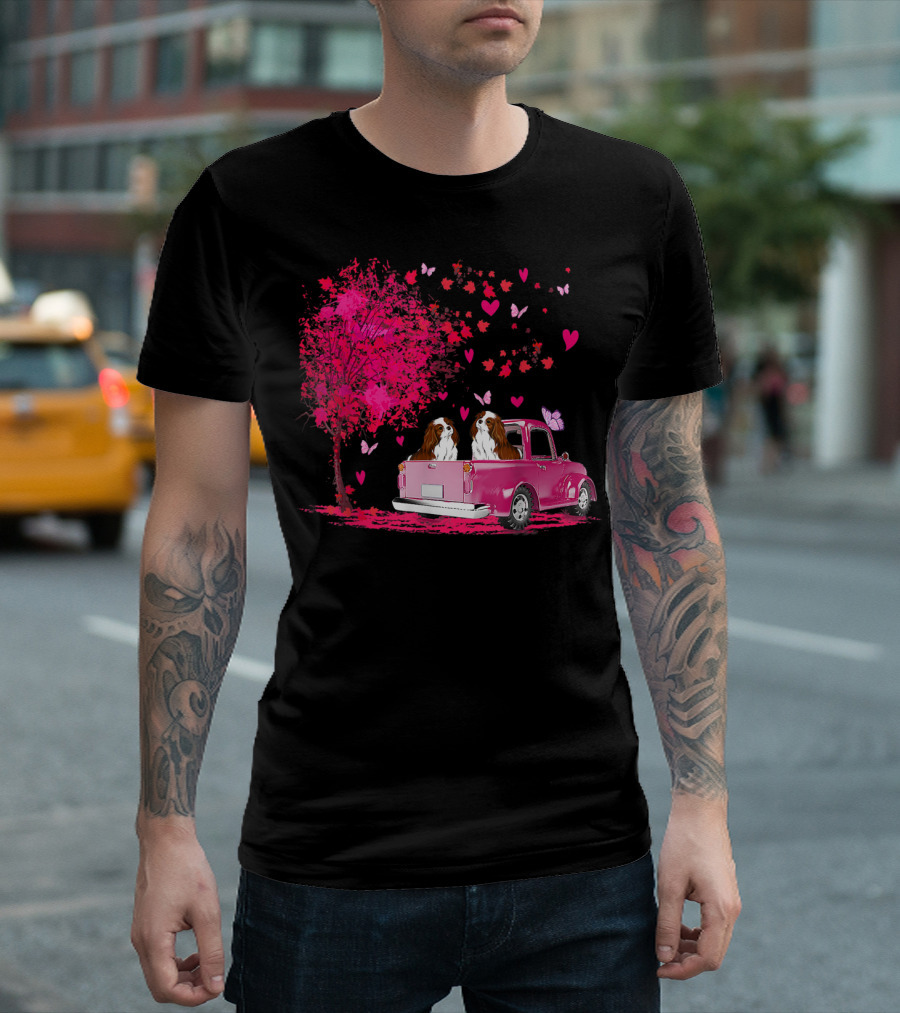 Cavalier King Charles Spaniel Couple in Pink Truck with Hearts and Butterflies T-Shirt