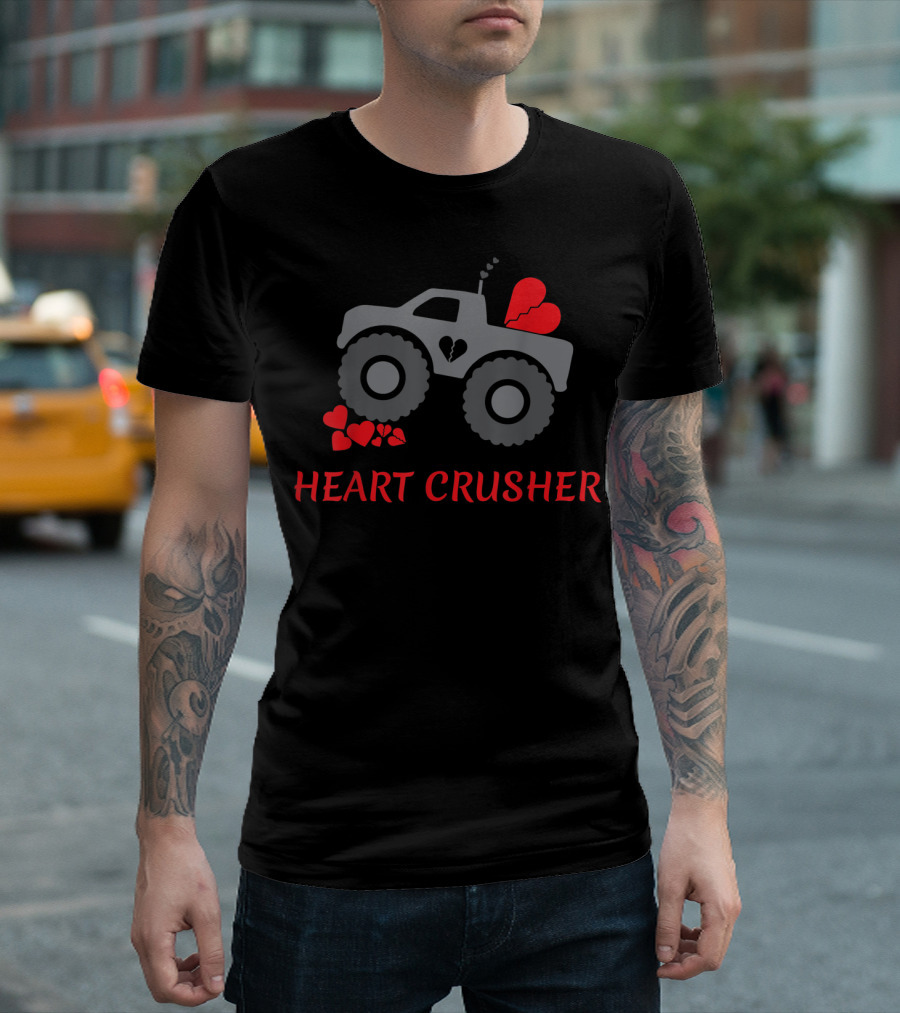 Heart Crusher Valentine Monster Truck Boy's Valentines Day T-Shirt