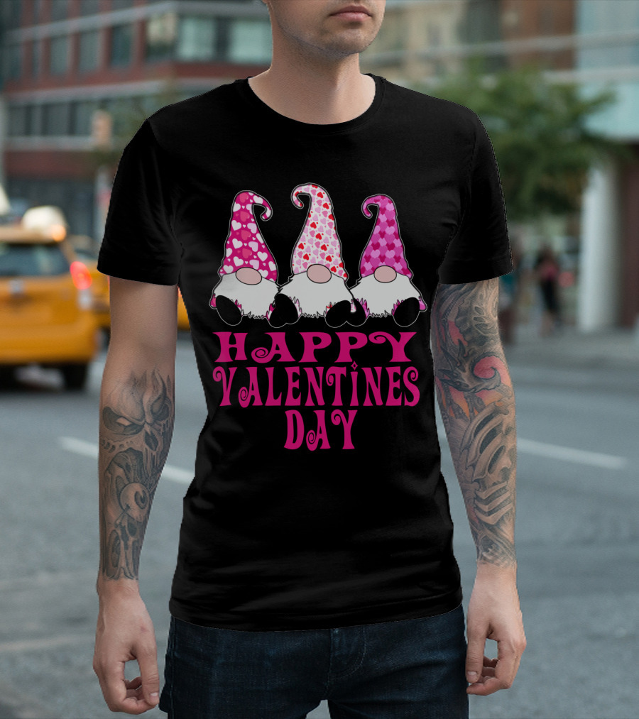 Happy Valentines Day 3 Pink Valentine Gnomes Cute Hearts T-Shirt