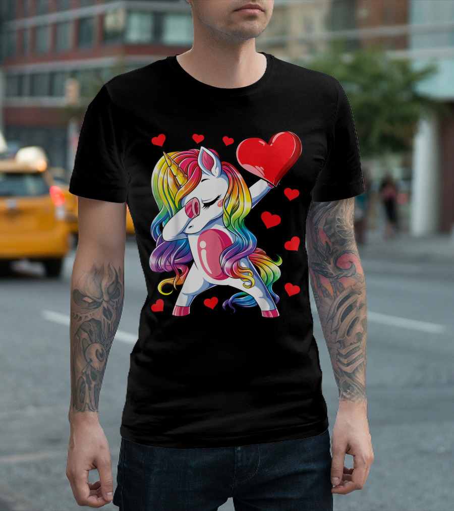 Dabbing Unicorn With Rainbow Hair And Heart Valentine Theme T-Shirt