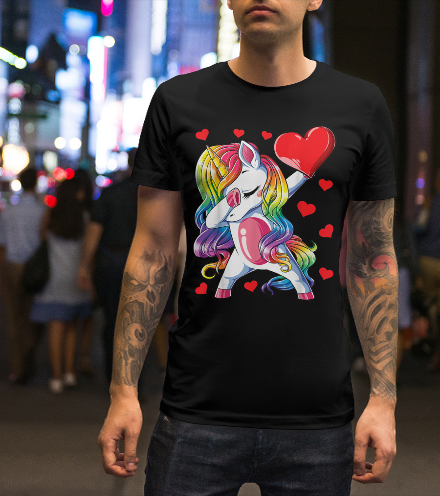 Dabbing Unicorn With Rainbow Hair And Heart Valentine Theme T-Shirt