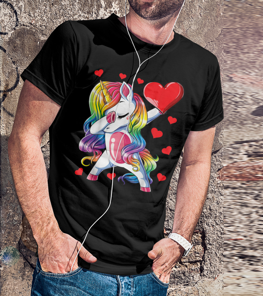 Dabbing Unicorn With Rainbow Hair And Heart Valentine Theme T-Shirt