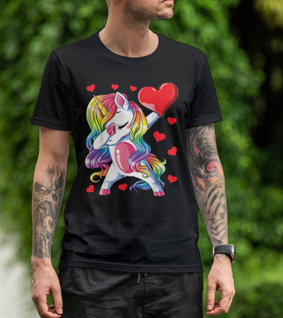 Dabbing Unicorn With Rainbow Hair And Heart Valentine Theme T-Shirt