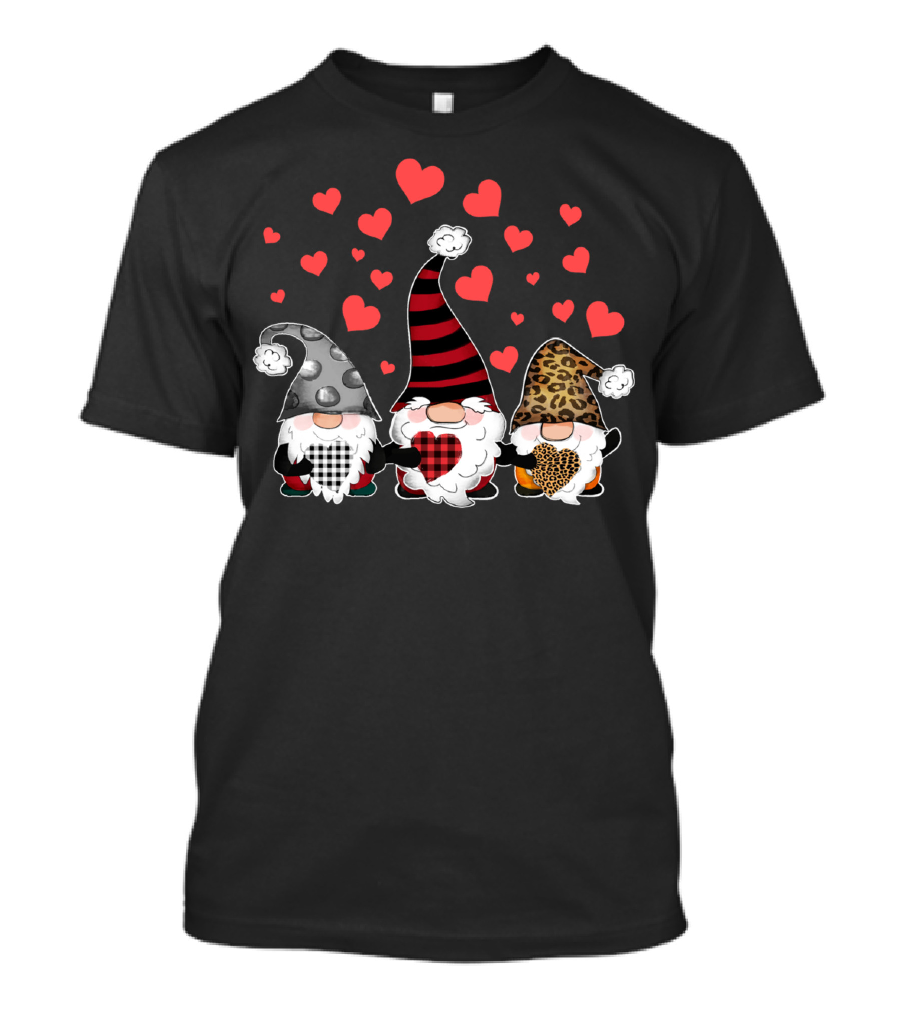 Funny Gnomes Valentines Hearts Plaid Stripes Leopard T-Shirt