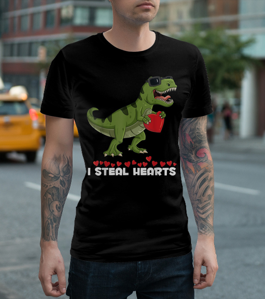 I Steal Hearts Rex Valentines Day Funny Dinosaur with Sunglasses T-Shirt