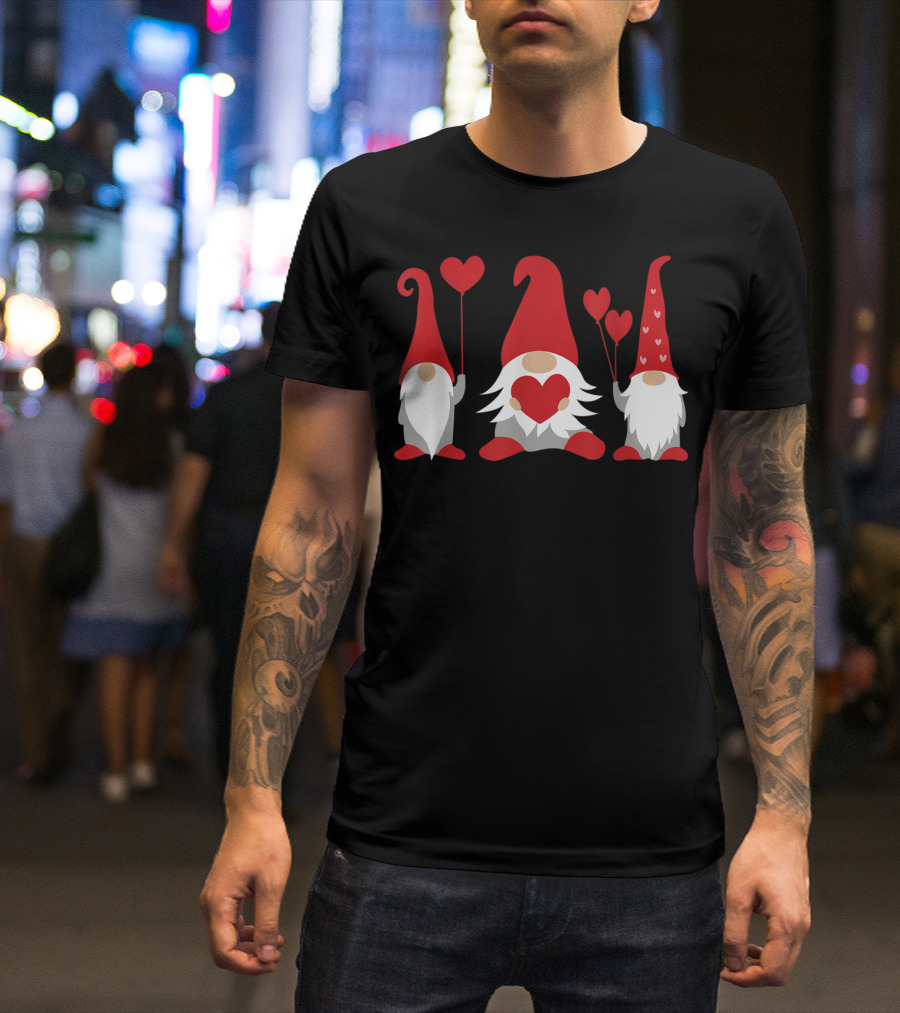 Three Gnomes With Red Hats Holding Hearts Valentine's Day T-Shirt