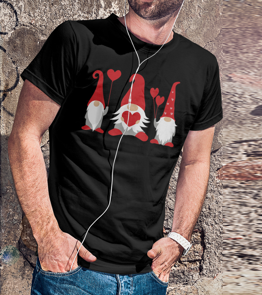 Three Gnomes With Red Hats Holding Hearts Valentine's Day T-Shirt