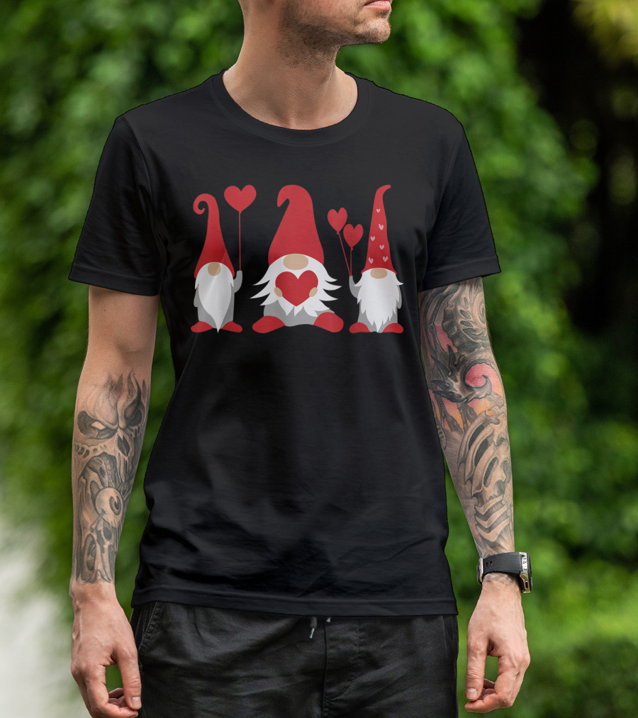 Three Gnomes With Red Hats Holding Hearts Valentine's Day T-Shirt