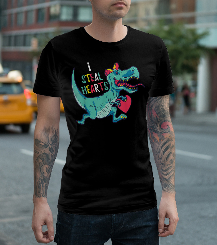 Valentines Day Dinosaur I Steal Hearts with Cute T-Rex and Red Heart T-Shirt