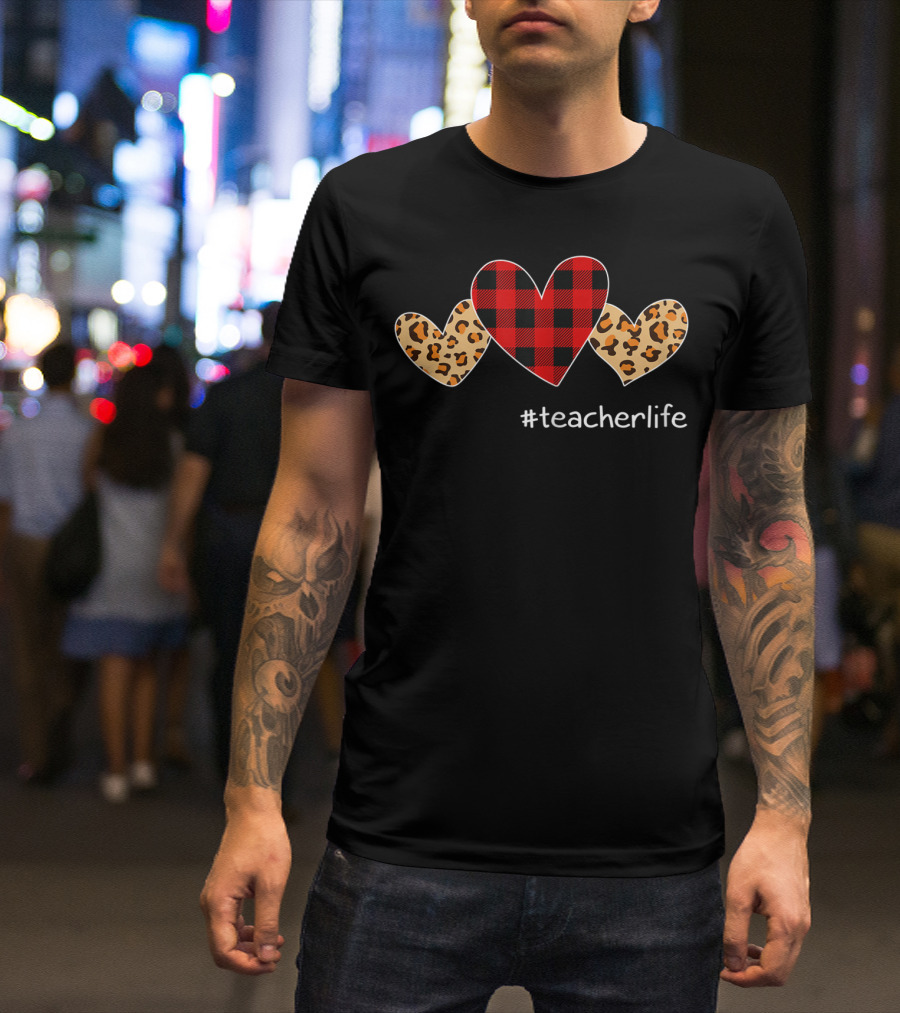 Buffalo Plaid Hearts Leopard #TeacherLife T-Shirt