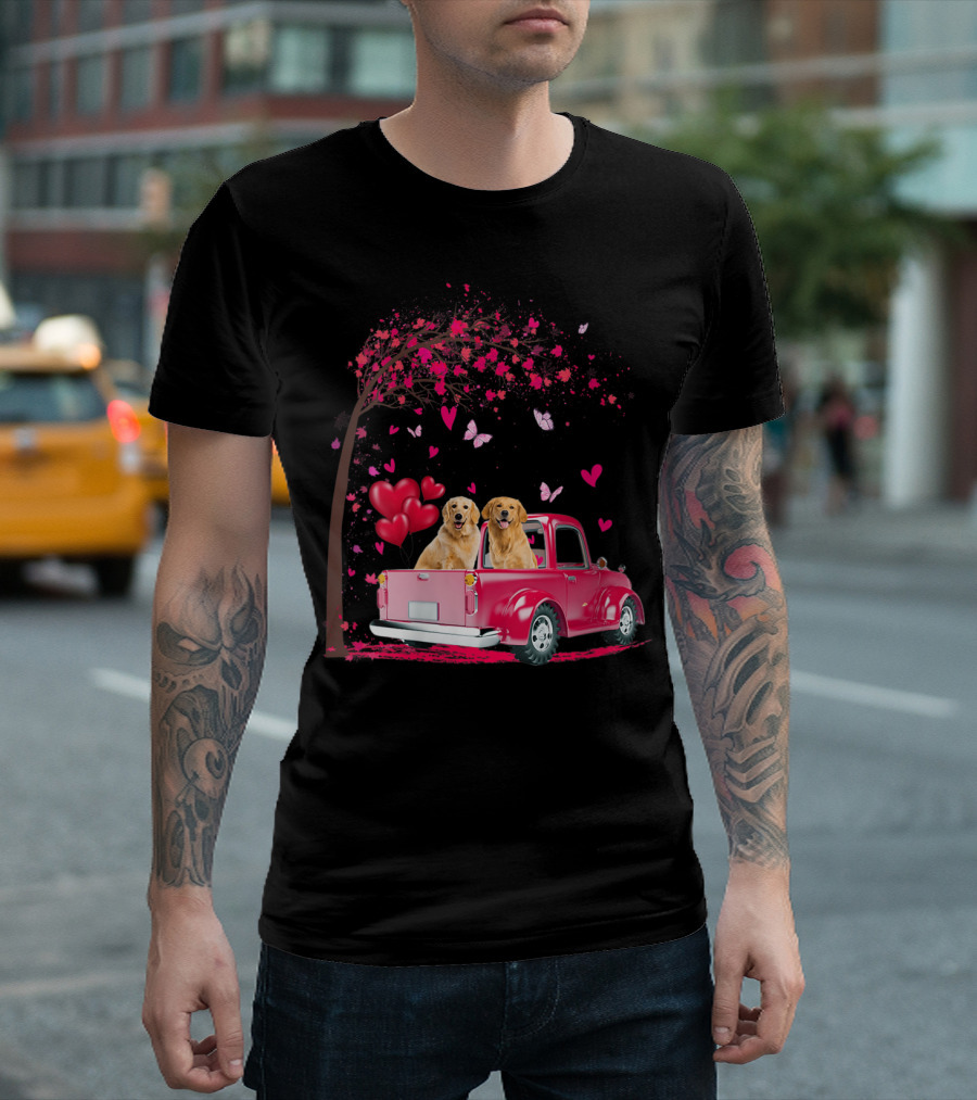 Golden Retrievers in Red Truck with Hearts and Butterflies under Blossom Tree T-Shirt