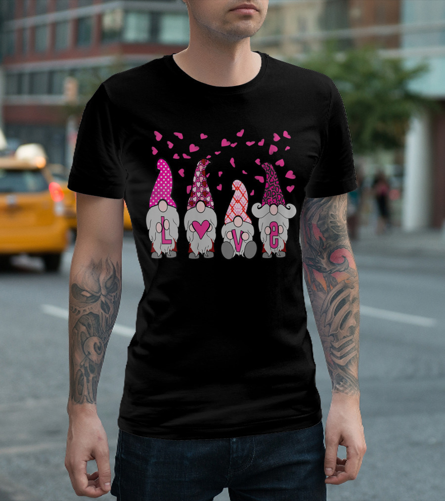 Cute Nordic Gnomes Love Hearts Leopard Pink Valentine's Day T-Shirt