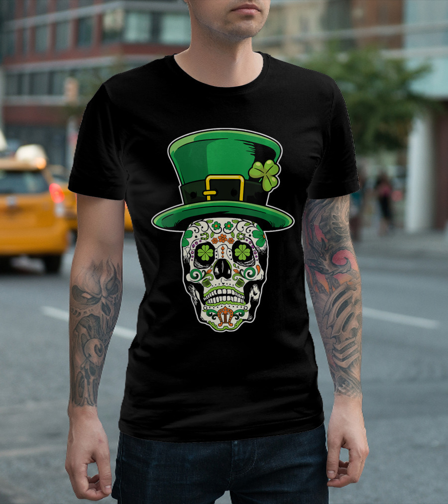 Sugar Skull Saint Patricks Day of Dead Clover Hat T-Shirt