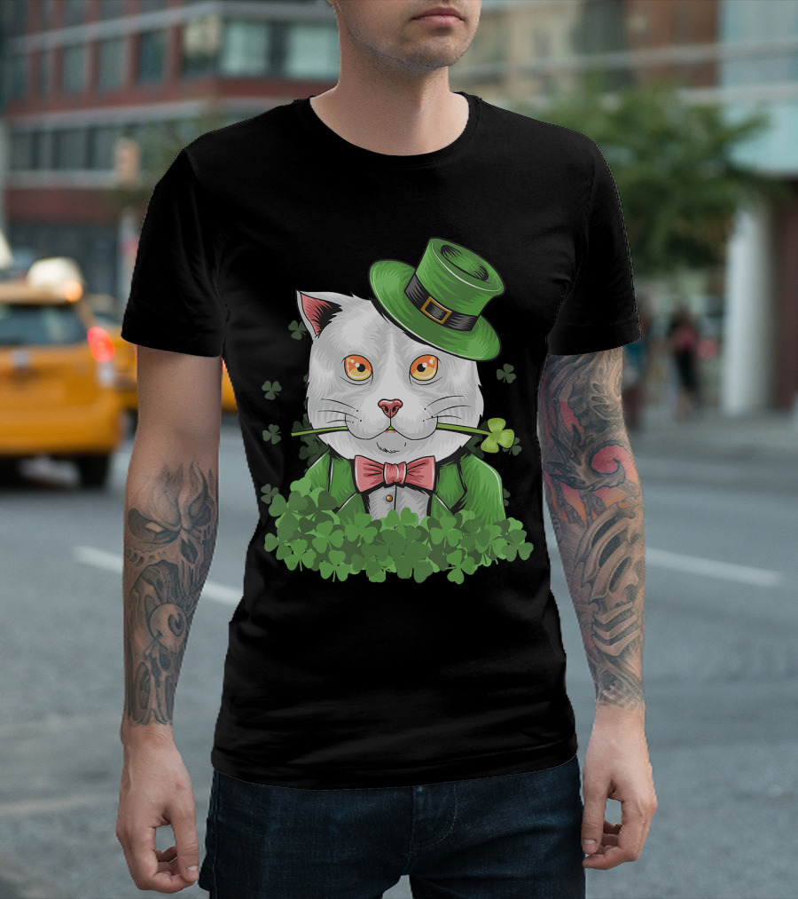 Zero Lucks Given St. Patrick's Day Cat with Shamrocks and Leprechaun Hat T-Shirt