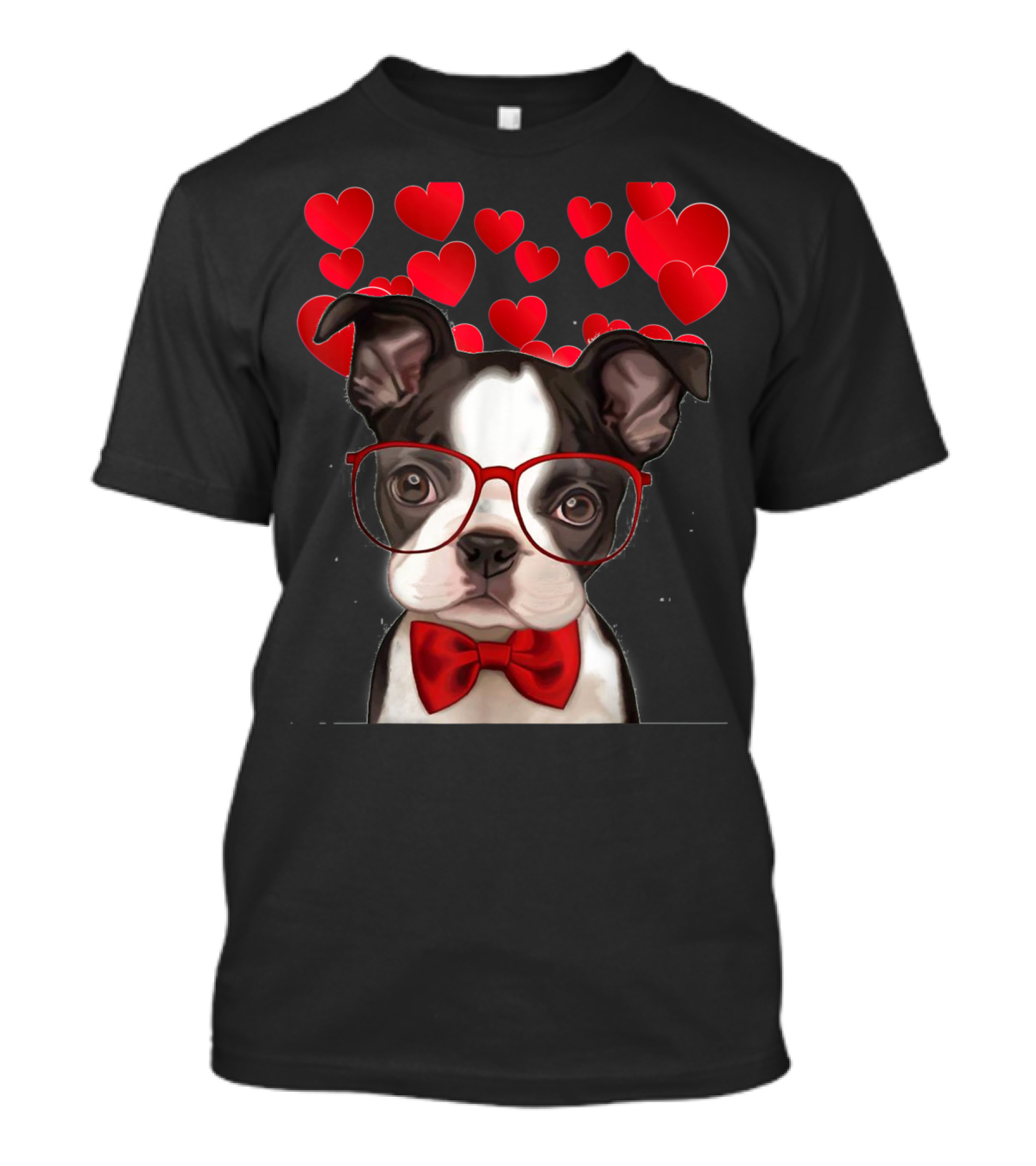 Awesome Boston Terrier Valentine Heart Glasses With Red Bow Tie And Floating Hearts T-Shirt