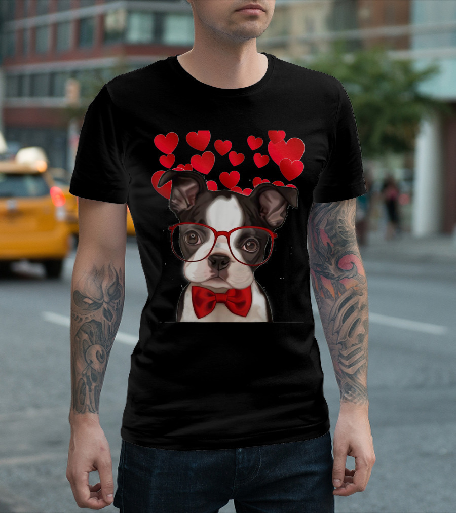 Awesome Boston Terrier Valentine Heart Glasses With Red Bow Tie And Floating Hearts T-Shirt