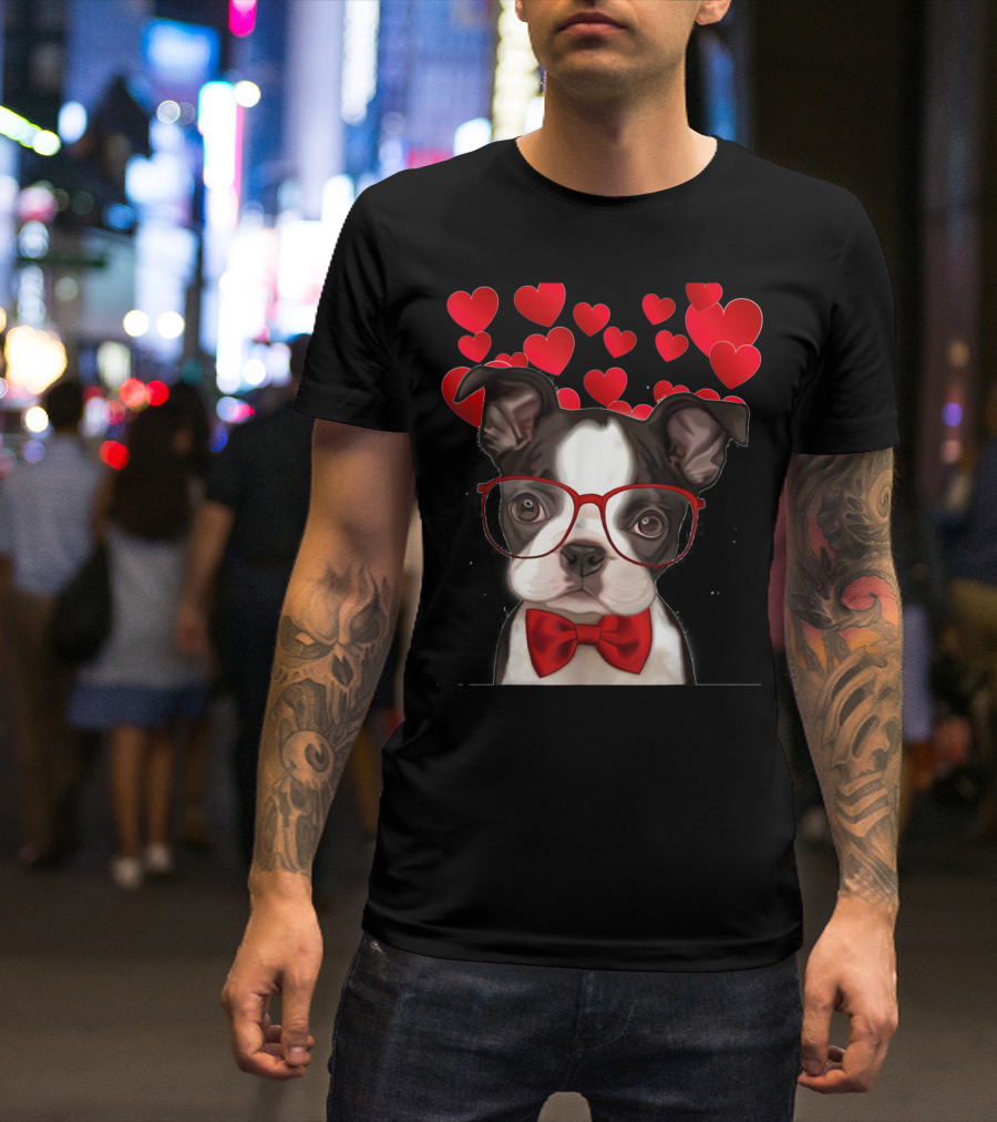Awesome Boston Terrier Valentine Heart Glasses With Red Bow Tie And Floating Hearts T-Shirt