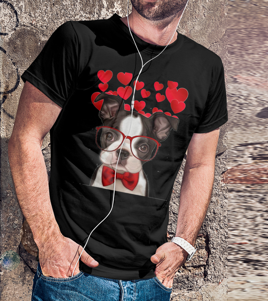 Awesome Boston Terrier Valentine Heart Glasses With Red Bow Tie And Floating Hearts T-Shirt