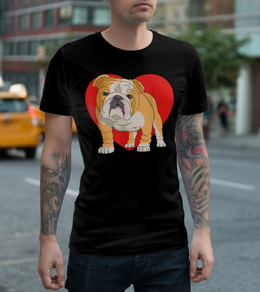 English Bulldog Red Heart Valentine Day T-Shirt
