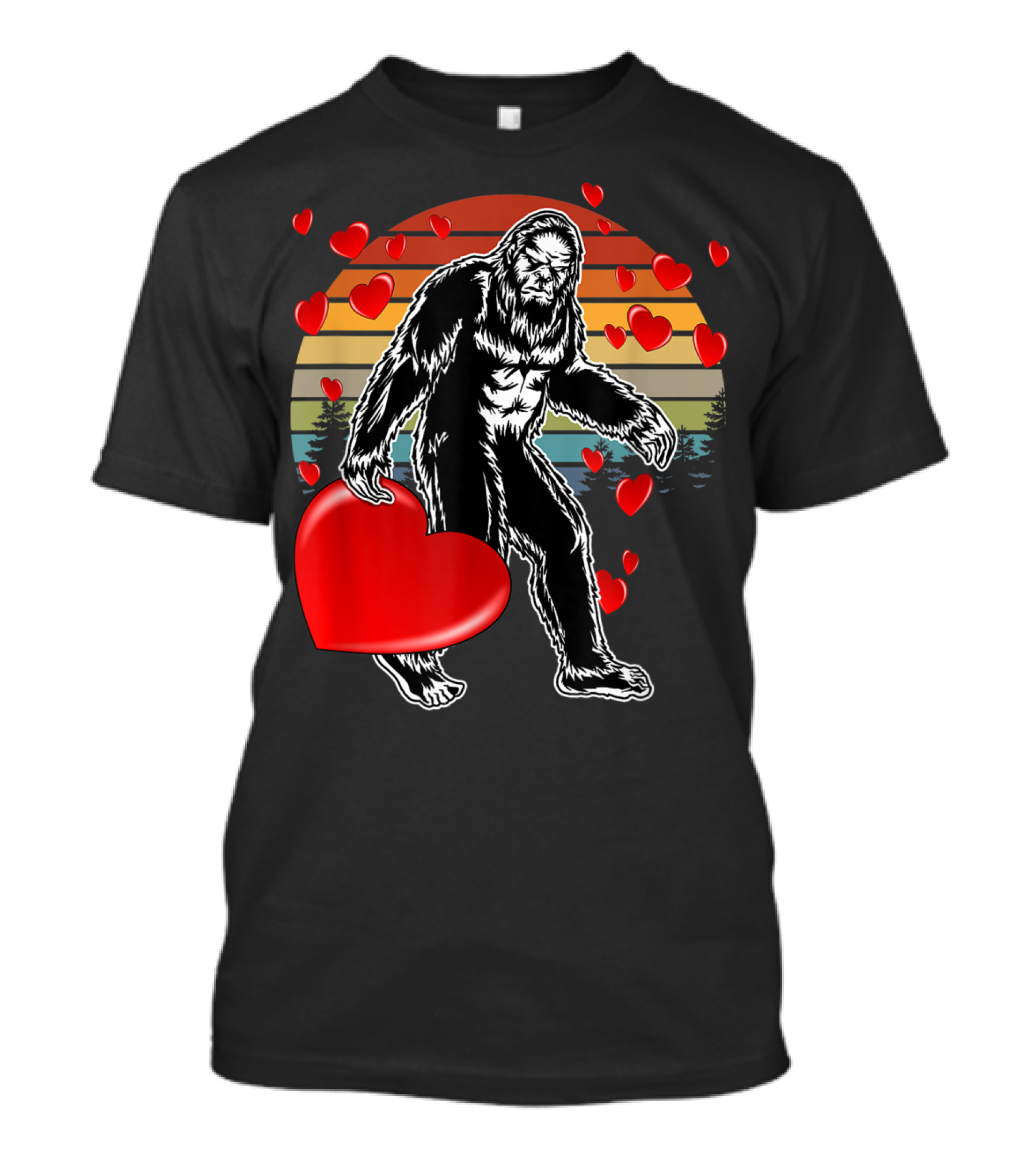 Funny Valentine Bigfoot With Big Heart Retro Sunset And Red Hearts T-Shirt