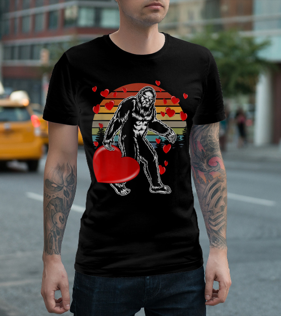Funny Valentine Bigfoot With Big Heart Retro Sunset And Red Hearts T-Shirt