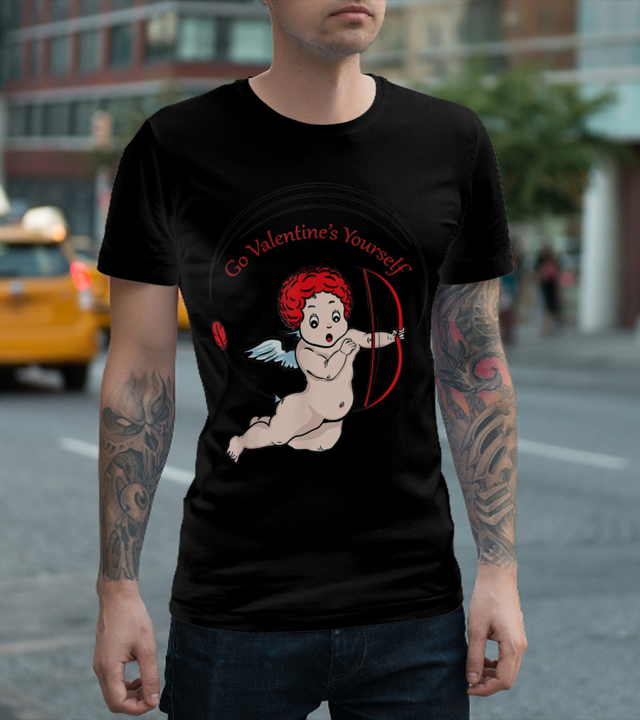 Go Valentine's Yourself Funny Sarcastic Cupid with Bow and Red Feather T-Shirt