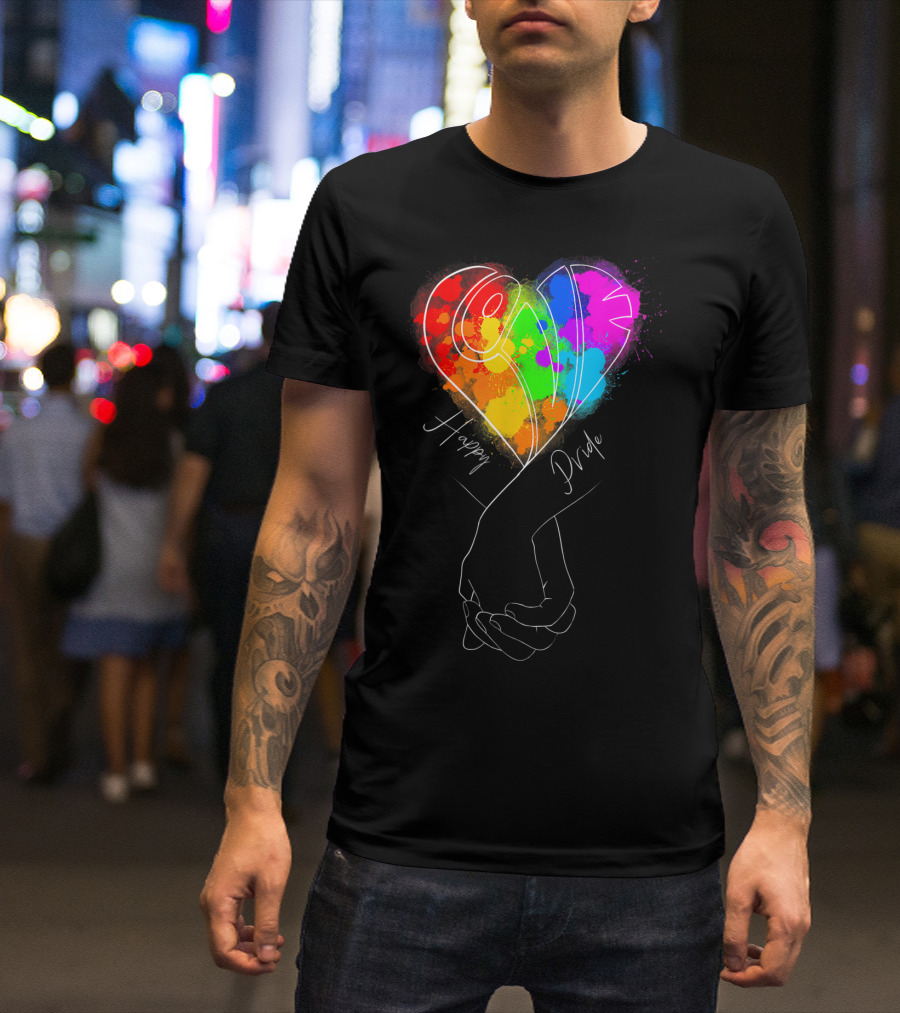 Happy Pride Love Holding Hands Rainbow Heart T-Shirt
