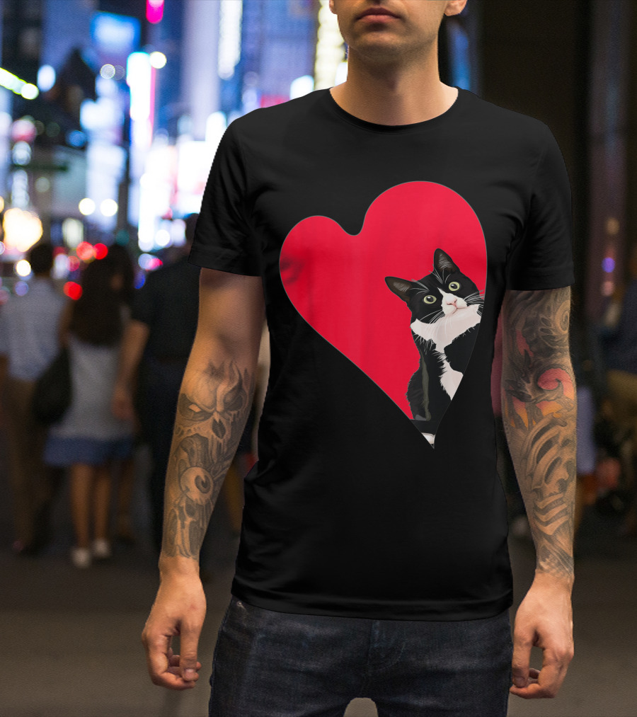 Tuxedo Cat Heart Valentine Kitten Love T-Shirt