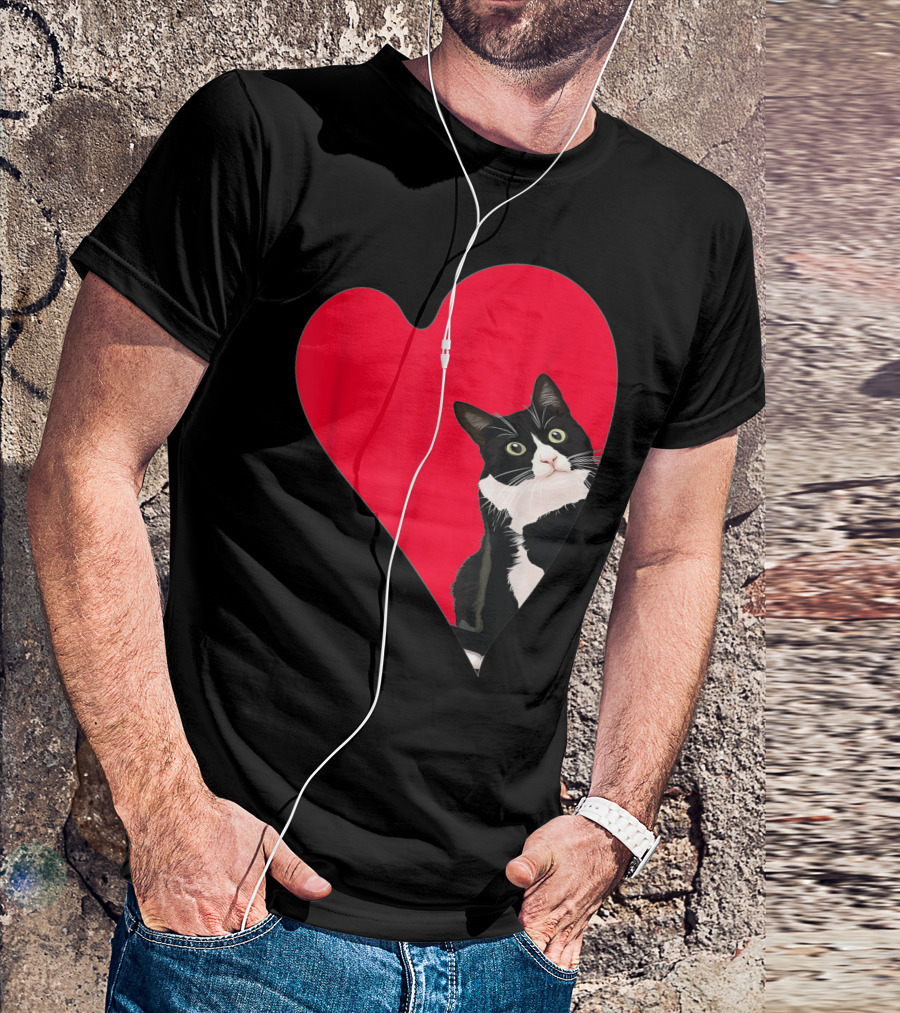 Tuxedo Cat Heart Valentine Kitten Love T-Shirt