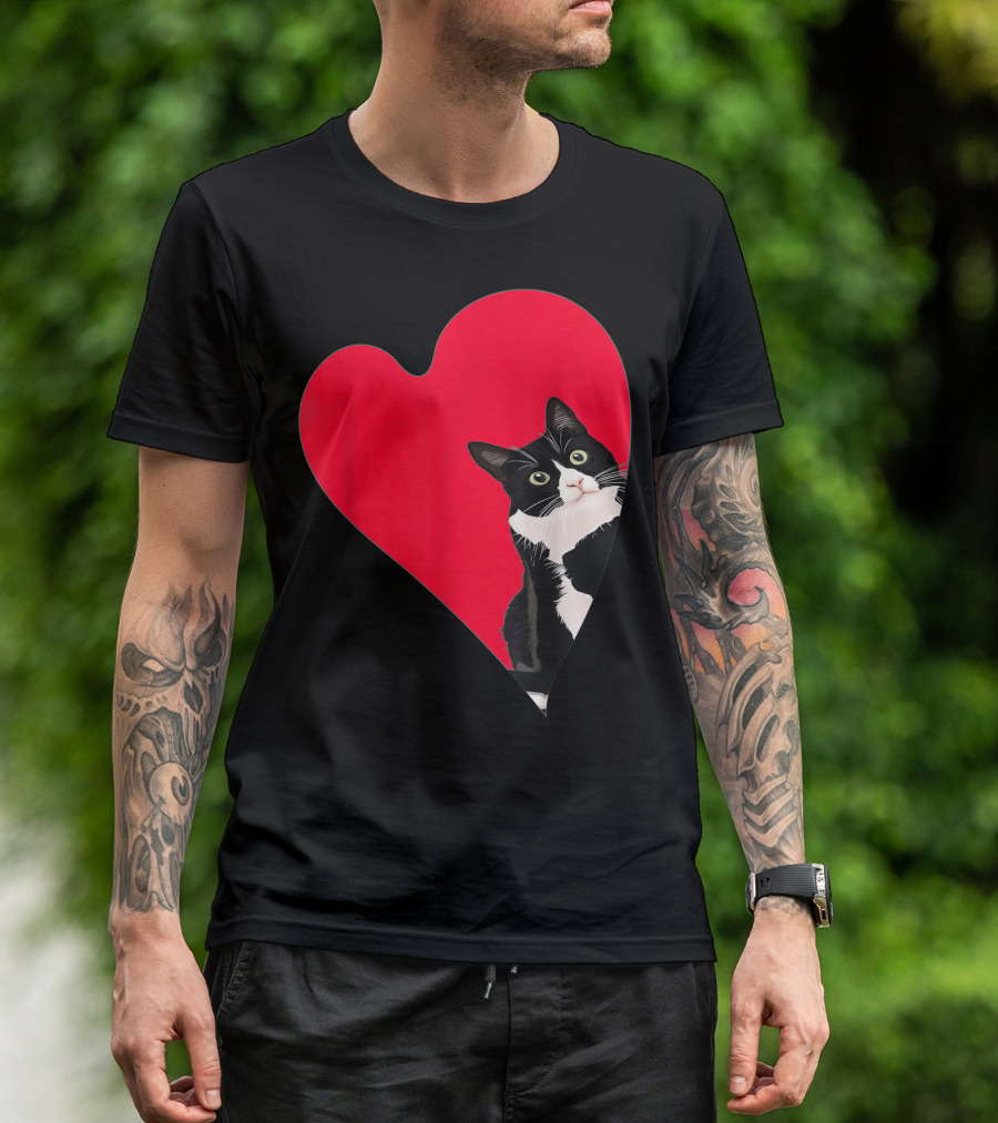 Tuxedo Cat Heart Valentine Kitten Love T-Shirt