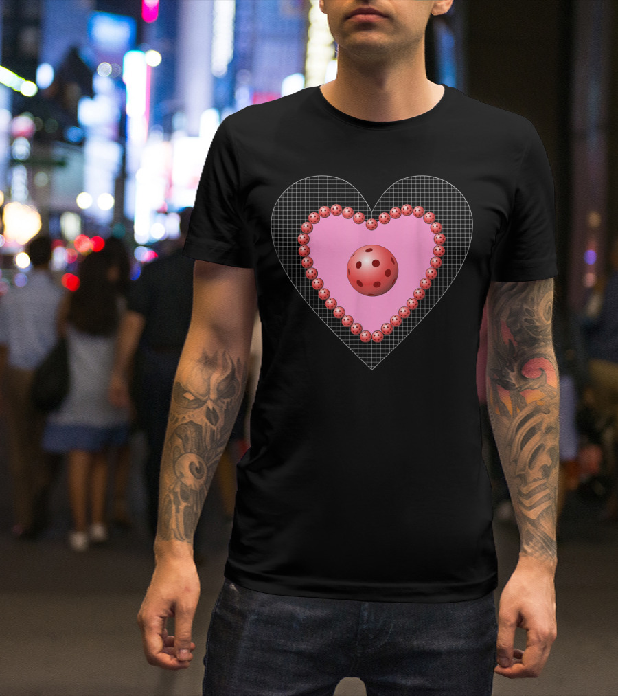 Valentine Pickleball Heart With Red Balls And Grid Background T-Shirt