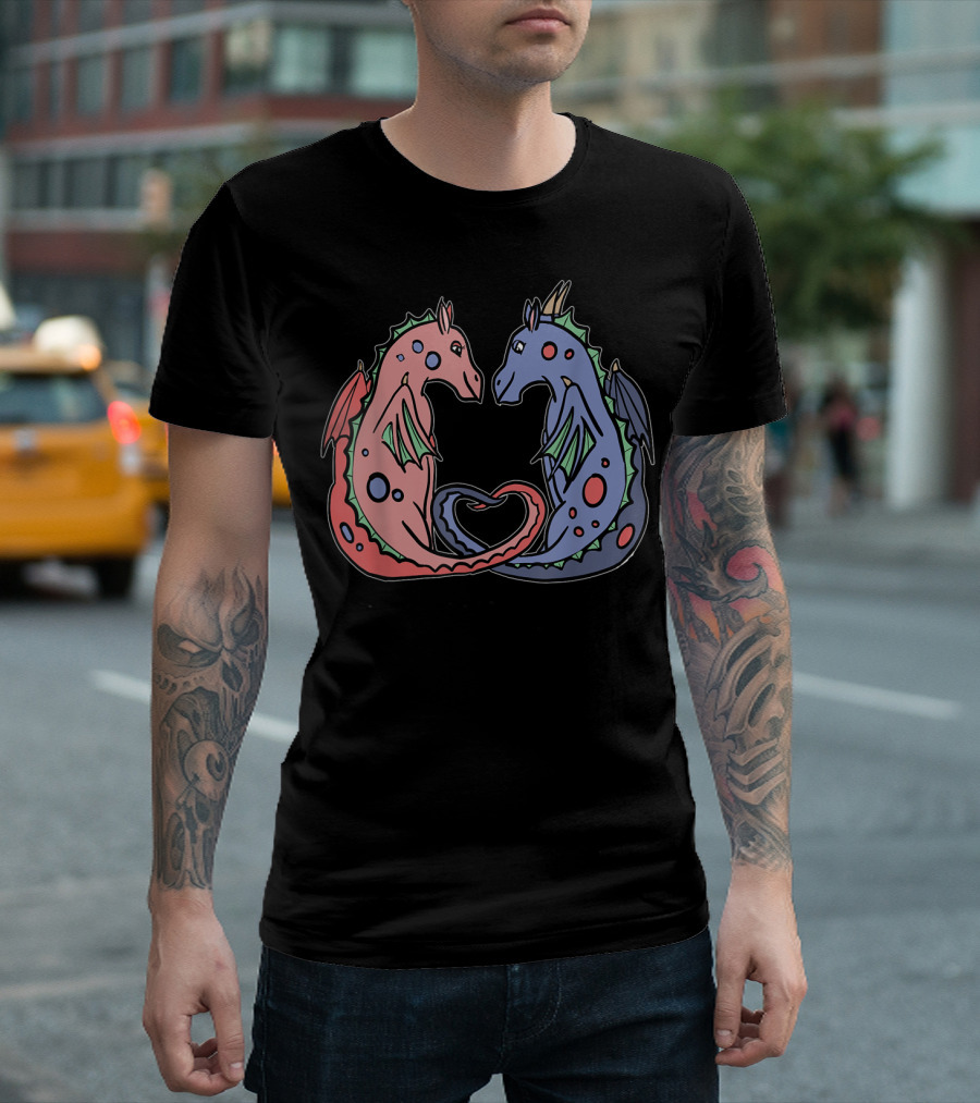 Adorable Heart-Shaped Dragon Duo in Pink and Blue T-Shirt
