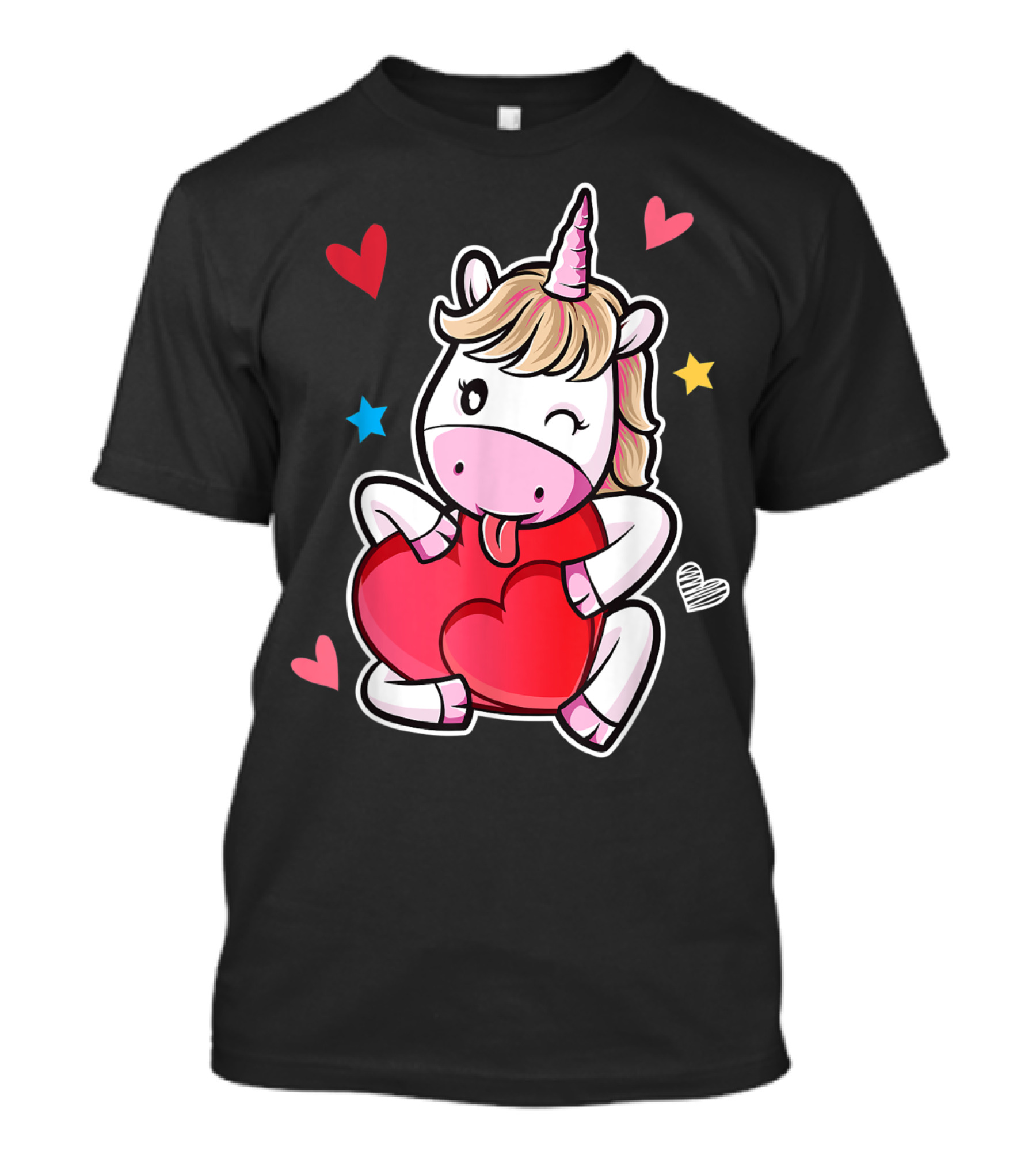 Unicorn Hugging Heart Surrounded By Valentine Stars And Hearts T-Shirt