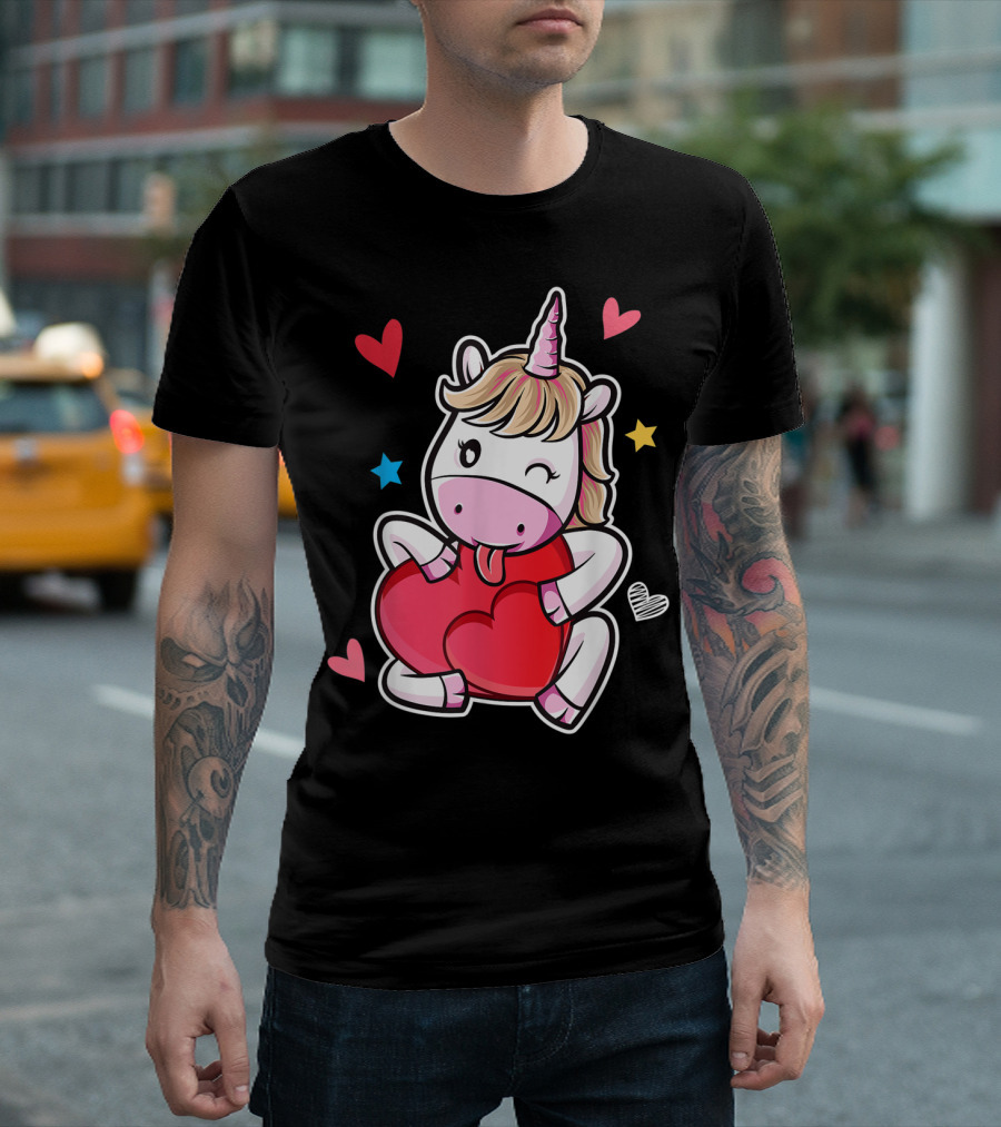 Unicorn Hugging Heart Surrounded By Valentine Stars And Hearts T-Shirt