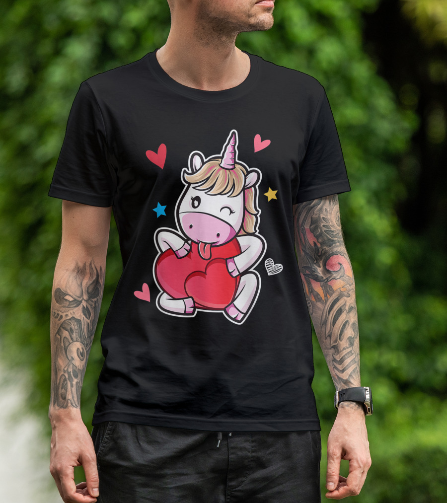 Unicorn Hugging Heart Surrounded By Valentine Stars And Hearts T-Shirt