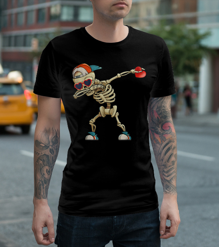 Dabbing Skeleton Heart Sunglasses Valentine's Day Love T-Shirt