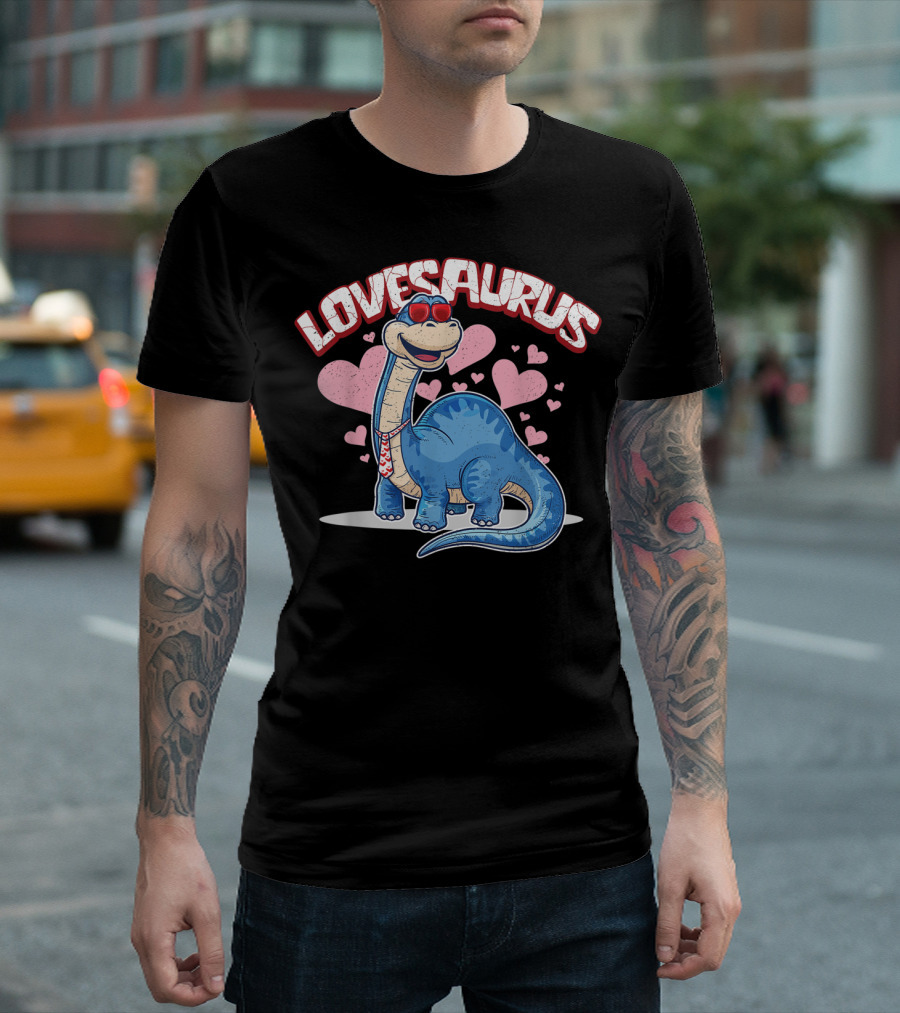 Lovesaurus Dinosaur Valentine with Hearts and Tie T-Shirt