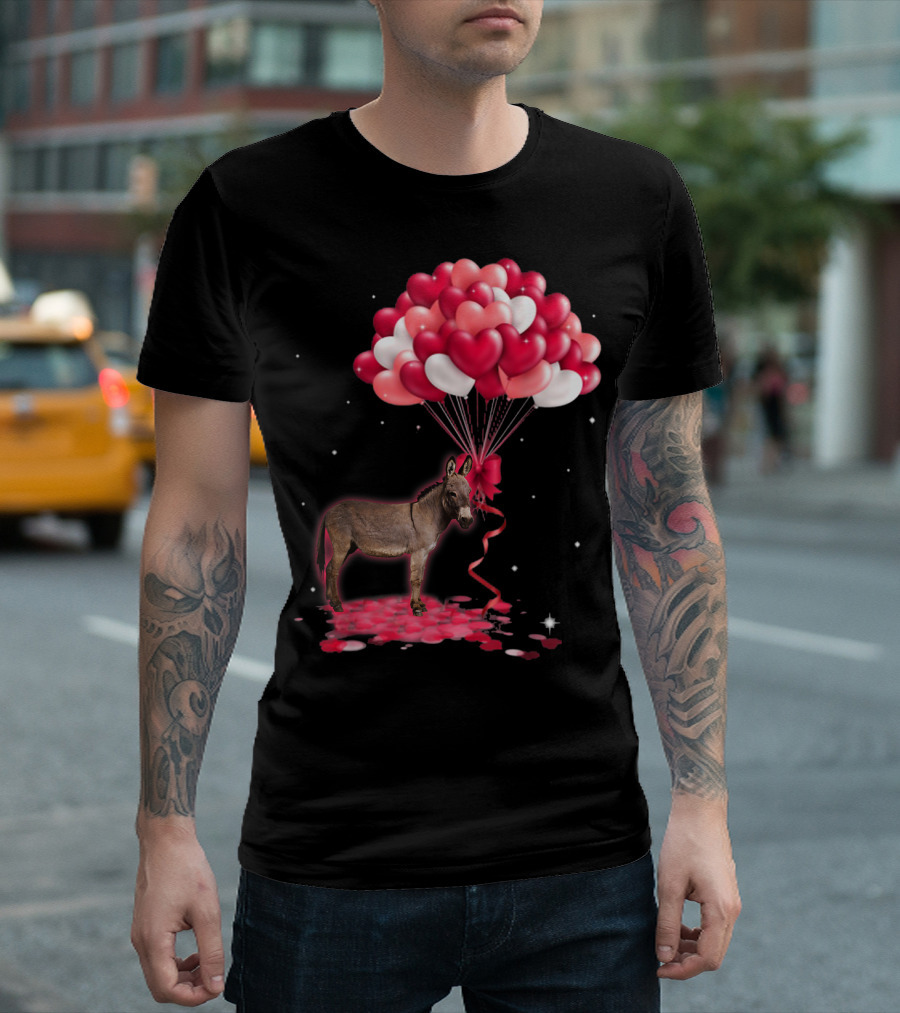 Donkey With Love Hearts Balloons Valentine Romance T-Shirt