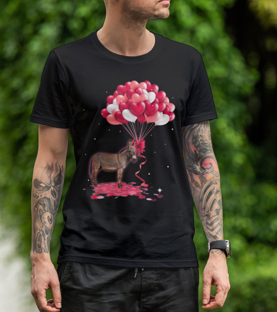 Donkey With Love Hearts Balloons Valentine Romance T-Shirt