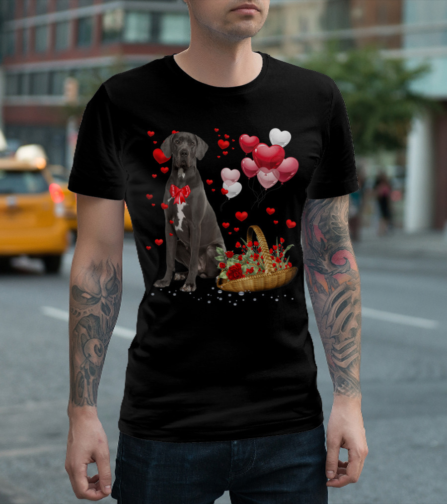 Great Dane Valentines Day Heart Balloons and Roses Funny Dog Valentine T-Shirt
