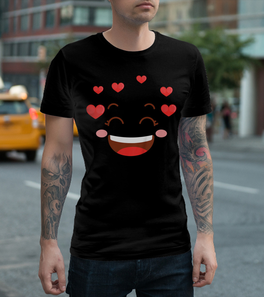 Kids Girls Valentine Smiling Hearts Emoji Face T-Shirt