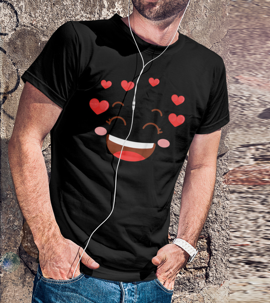 Kids Girls Valentine Smiling Hearts Emoji Face T-Shirt