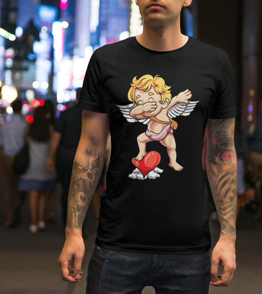 Kids Valentines Day Cupid Dabbing On Heart T-Shirt