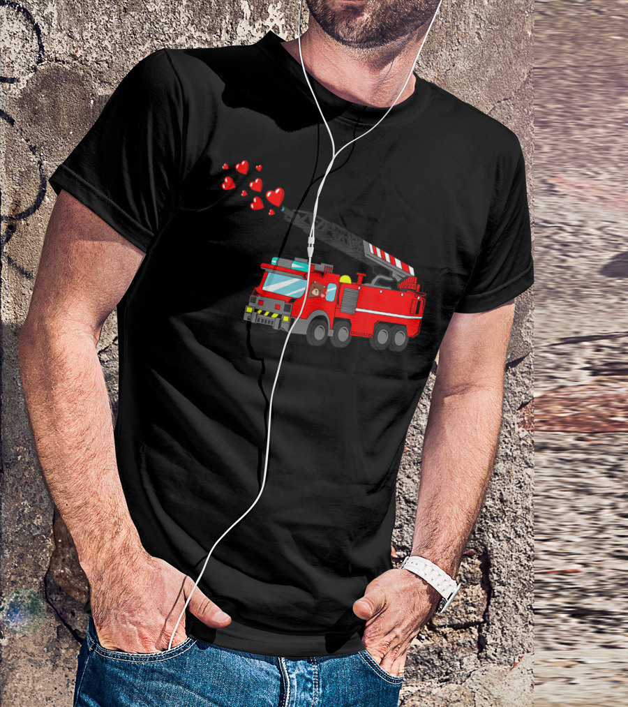 Valentine Firetruck With Hearts And Loads Of Love T-Shirt