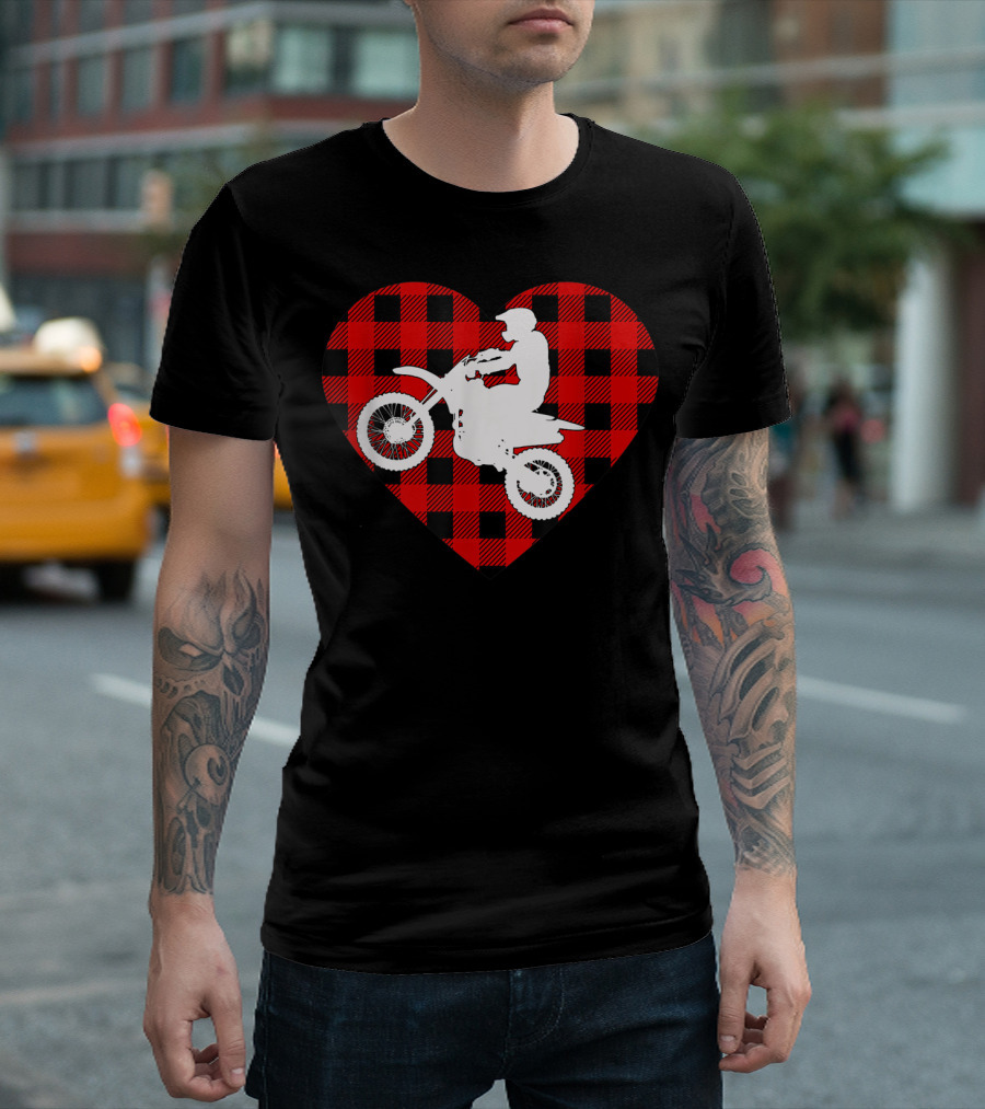Motocross Dirt Bike Buffalo Plaid Red Heart T-Shirt