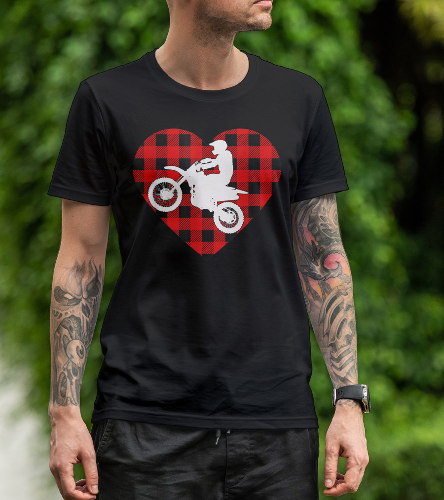 Motocross Dirt Bike Buffalo Plaid Red Heart T-Shirt