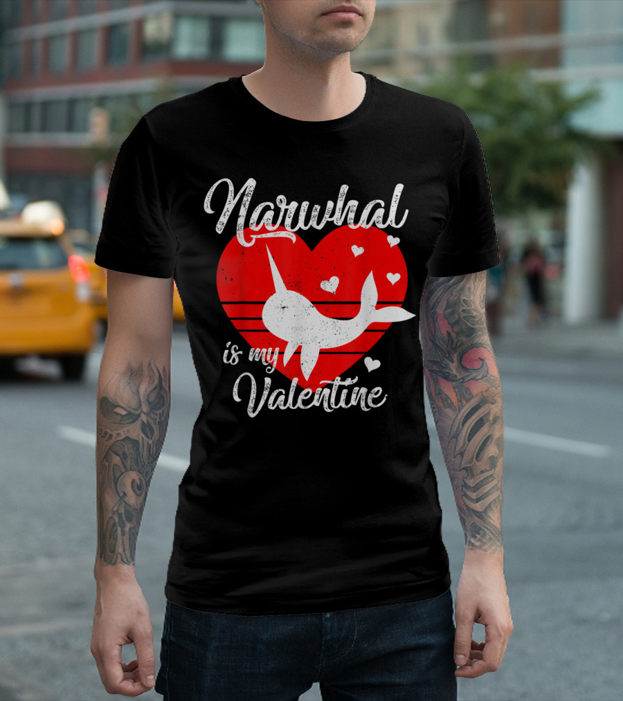 Narwhal Is My Valentine Heart Love T-Shirt