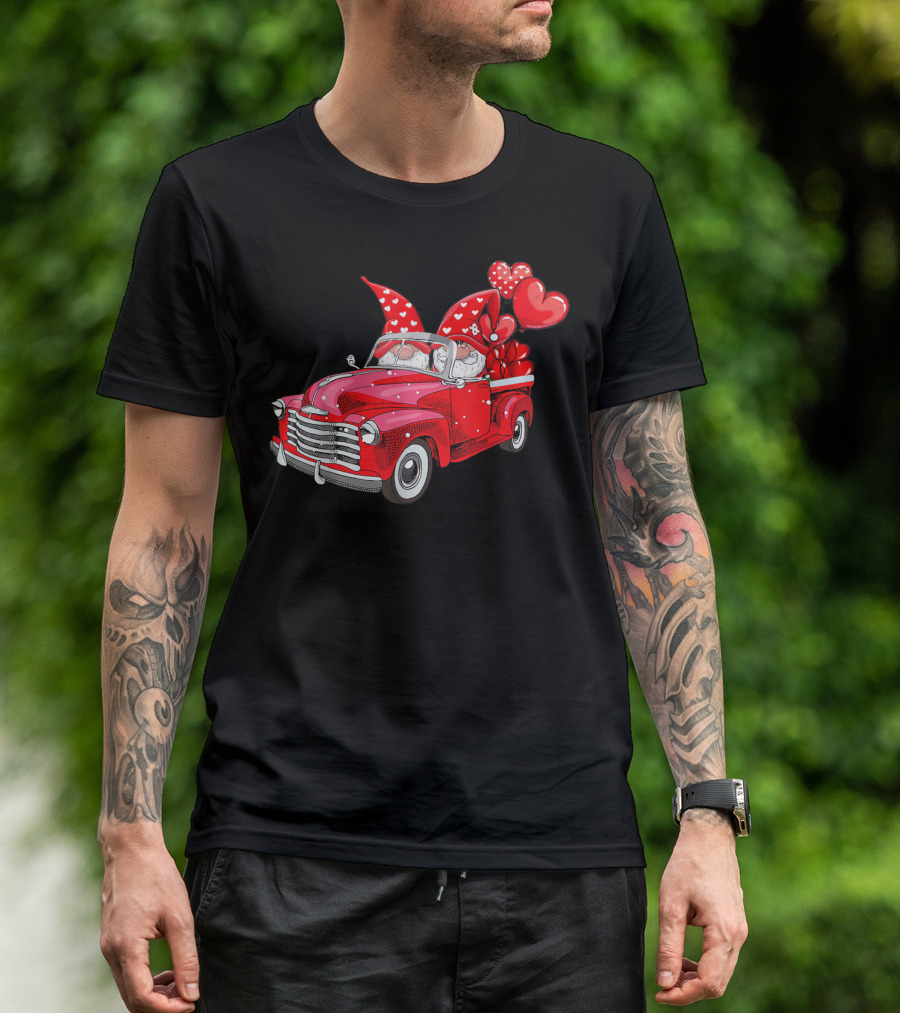 Valentine Gnomes Love Hearts Red Truck Balloons Couple T-Shirt