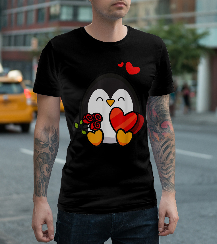 Valentine Penguin Cool Cupid Seabird Heart Roses T-Shirt