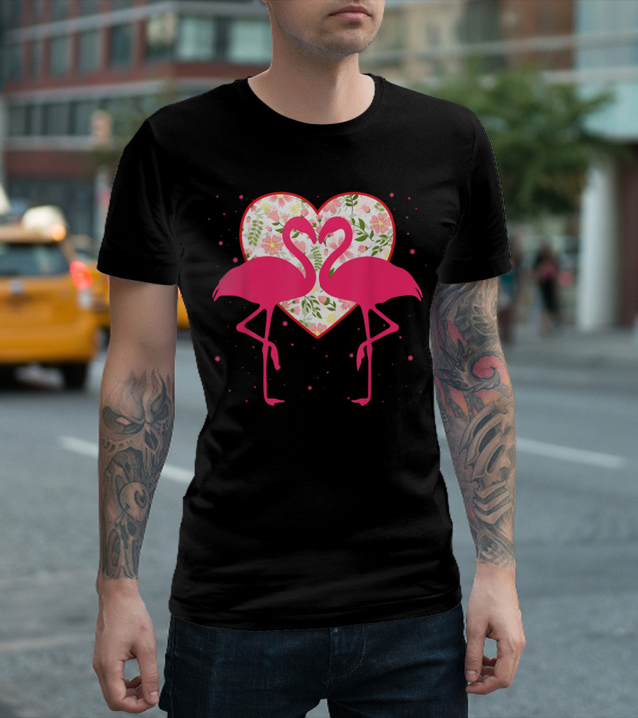 Valentine Pink Flamingos Heart Floral Flamingo Lover T-Shirt